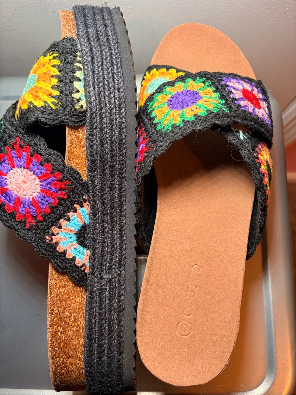 Crochet Multicolor Platform Slide Sandals - Black